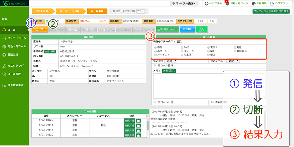 発信、切断、結果入力
