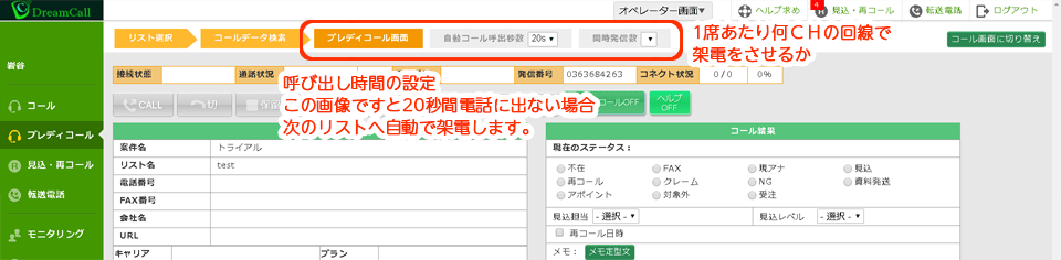 発信、切断、結果入力